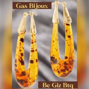 NWT Authentic Gas Bijoux Ecume 24K Gold Plated & Acetate Elongated Gold Earrings